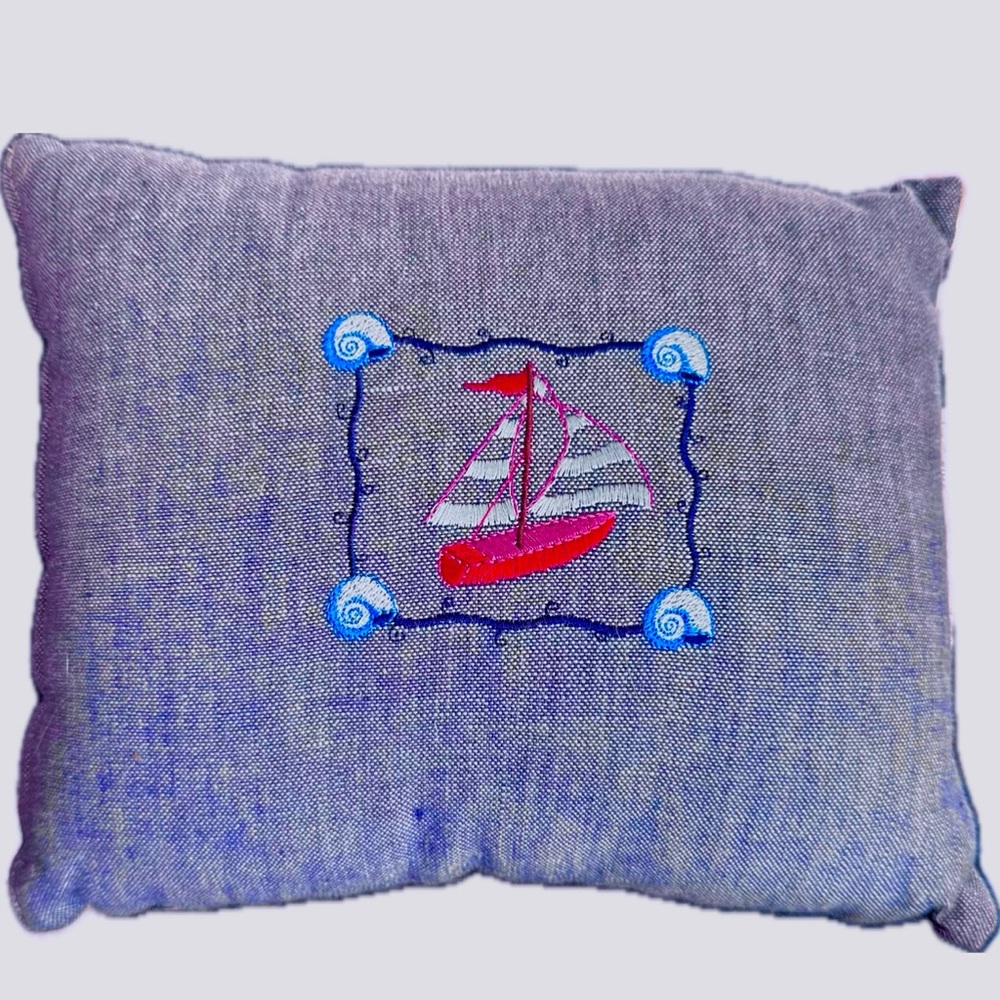 NEW NWT Charming Coastal Cotton Tiny Accent Pillow Embroidered Sailboats Shells